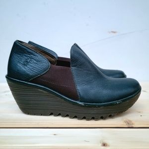 Fly London "Yua" Leather Slip-On Wedge  Shoes, Green, EU 40 US 8.5-9